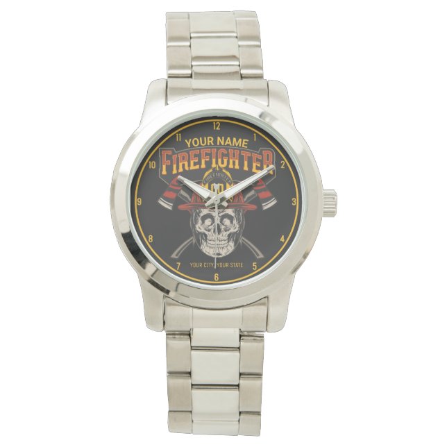 Persoonlijke Fireman Skull Helmet Ax Firefighter Horloge (Voorkant)
