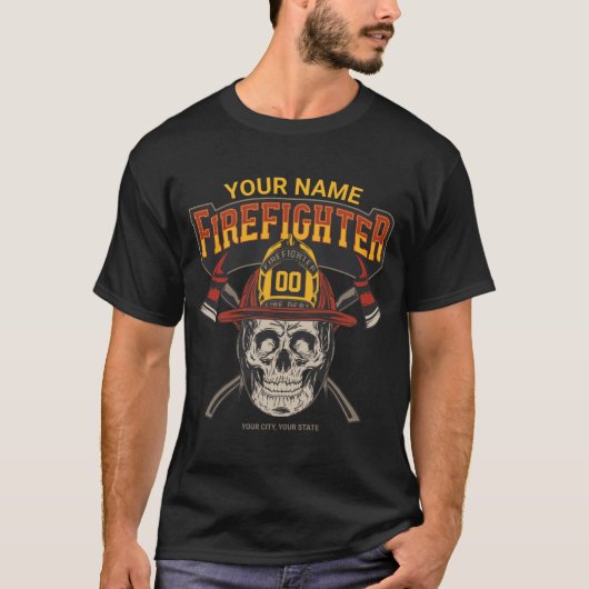 Persoonlijke Fireman Skull Helmet Ax Firefighter T-shirt (Voorkant)