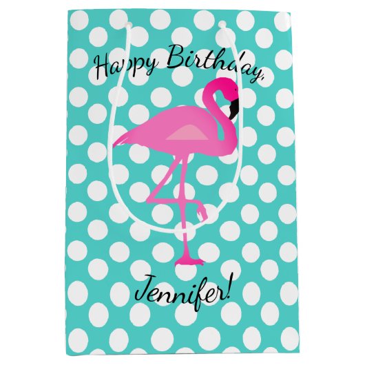Persoonlijke Flamingo en Polka Dot Gift Bag Medium Cadeauzakje (Voorkant)