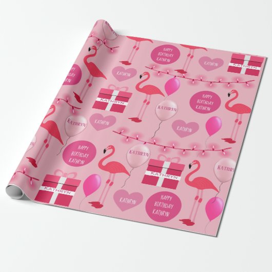 Persoonlijke Flamingos Birthday Cadeaupapier (Uitgerold)