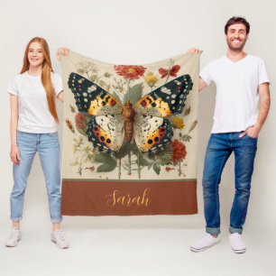 Persoonlijke fleece deken vlinder bloemen tan