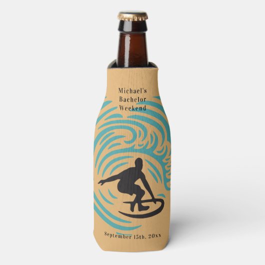 Persoonlijke Fleskoeler Bachelor Surfweekend Flesjeskoeler (Fles Voorkant)