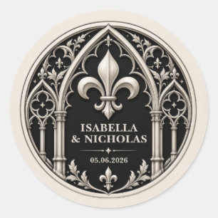 Persoonlijke Fleur de Lis Gotische Trouwdag Ronde Sticker