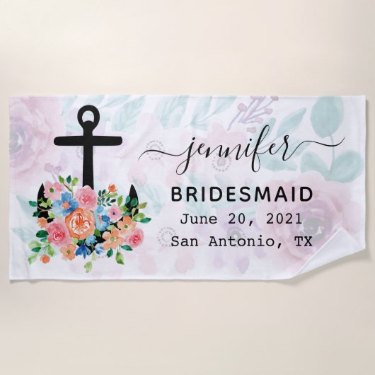 Persoonlijke Floral Anchor Bachelorette Bridesmaid Strandlaken (Voorkant)