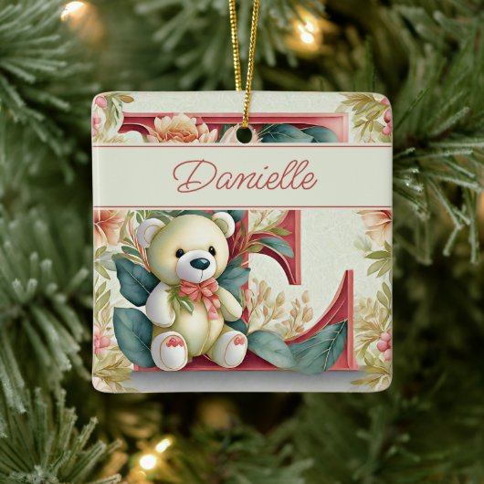 Persoonlijke FLorale teddybeer letter E Keramisch Ornament (Boom)