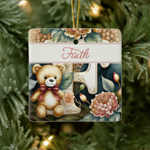 Persoonlijke FLorale teddybeer letter F Keramisch Ornament