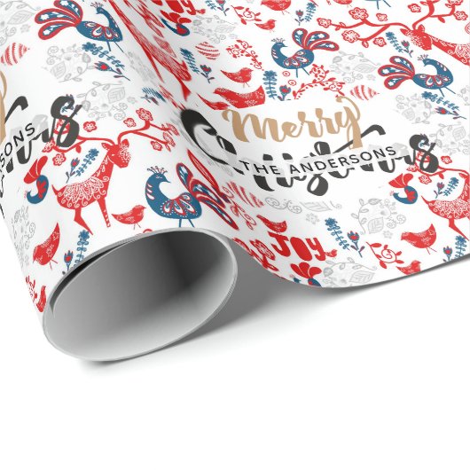 Persoonlijke Folk Art Kerst Rood Blauwe Herten Cadeaupapier (Rol Hoek)
