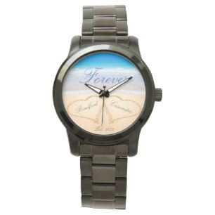 Persoonlijke forever harten in zand-strand bruilof horloge