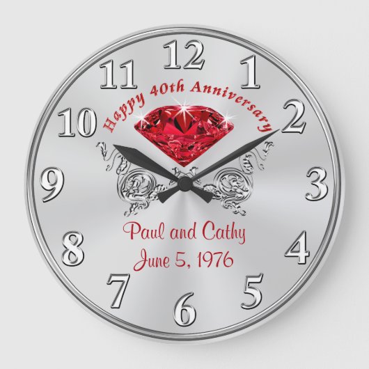 Persoonlijke fortieth RUBY-Jubileum Gift Clock Grote Klok (Voorkant)