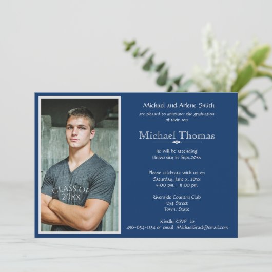 Persoonlijke foto afstuderen in Navyblauw en Wit Kaart (Staand voorkant)