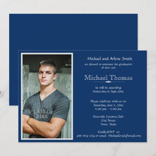 Persoonlijke foto afstuderen in Navyblauw en Wit Kaart (Voorkant / Achterkant)