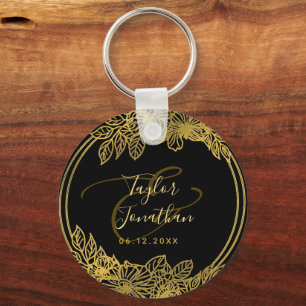 Persoonlijke foto Black Gold Flowers Chic Wedding Sleutelhanger