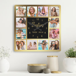Persoonlijke foto Collage Besties Gold Black Vierkante Klok
