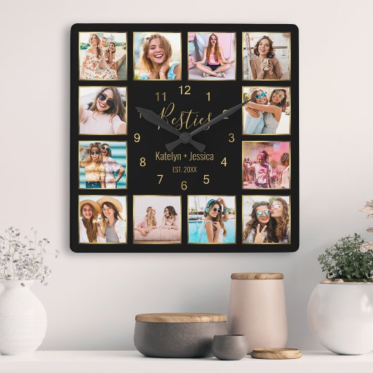Persoonlijke foto Collage Besties Gold Black Vierkante Klok