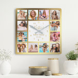 Persoonlijke foto Collage Besties Gold White Vierkante Klok<br><div class="desc">Maak deze trendy elegante witte en gouden foto collage muur uniek met 12 van uw favoriete foto's met uw beste vriend(in). Het ontwerp kenmerkt ook modern handgeschreven manuscript "Besties",  uw namen en de datum u ontmoette.</div>