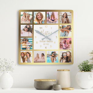 Persoonlijke foto Collage Besties Gold White Vierkante Klok
