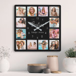 Persoonlijke foto Collage Black Silver Friendship Vierkante Klok<br><div class="desc">Maak deze trendy elegante zwarte en zilveren foto-collage wandklok uniek met 12 van uw favoriete foto's met uw beste vriend(en). Het ontwerp kenmerkt ook modern handgeschreven manuscript "Besties"en uw namen.</div>