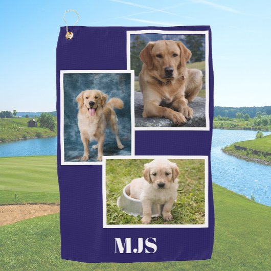 Persoonlijke Foto Collage Blauwe Hond met Monogram Golfhanddoek