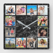 Persoonlijke foto Collage Elegant Black Marble Vierkante Klok (Voorkant)