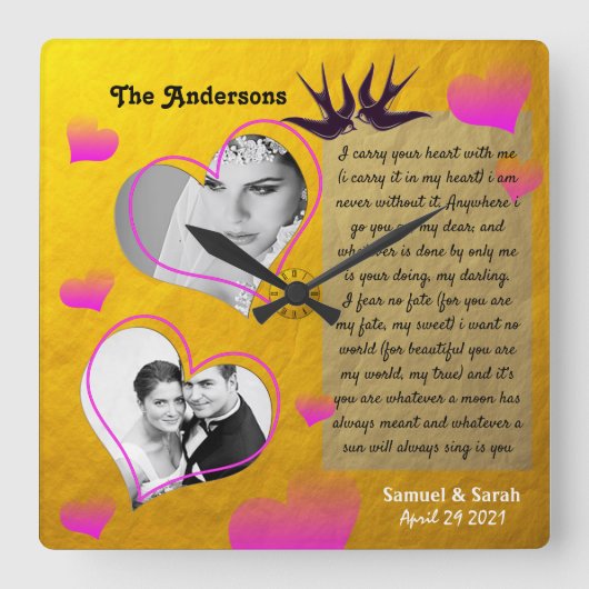 Persoonlijke foto Collage Golden Wedding Clock Vierkante Klok (Voorkant)