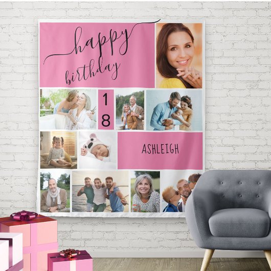 Persoonlijke foto collage roze elke leeftijd 10 wandkleed