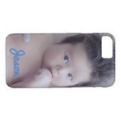 Persoonlijke foto en blauwe tekst Case-Mate iPhone case (Achterkant (Horizontaal))