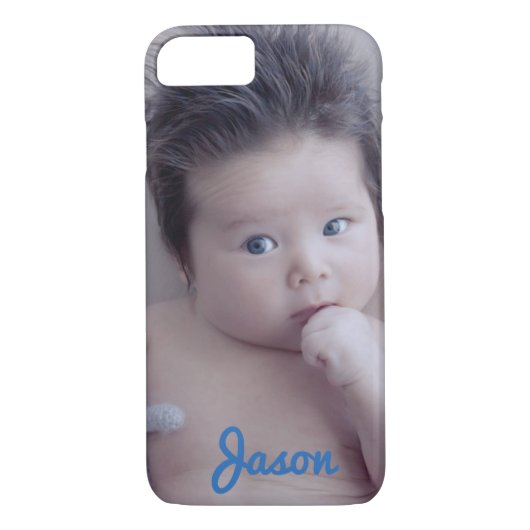 Persoonlijke foto en blauwe tekst Case-Mate iPhone case (Achterkant)