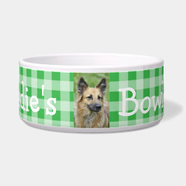 Persoonlijke foto en naam Dog Bowl Green Gingham Voerbakje