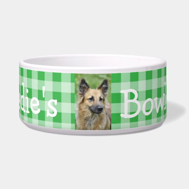 Persoonlijke foto en naam Dog Bowl Green Gingham Voerbakje (Voorkant)