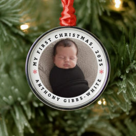 Persoonlijke foto en naam eerste kerstornament  metalen ornament