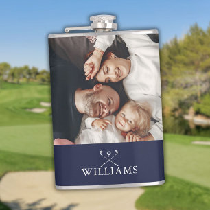 Persoonlijke foto en naam golfclubs navyblauw heupfles