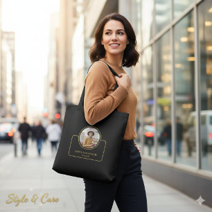 Persoonlijke foto en naam met functietitel Zwart Tote Bag