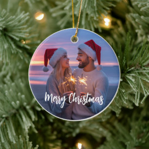 Persoonlijke foto en tekst kerst 2025 op maat keramisch ornament