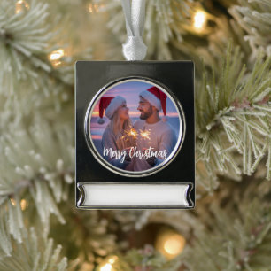 Persoonlijke foto en tekst kerst 2025 op maat verzilverd banner ornament