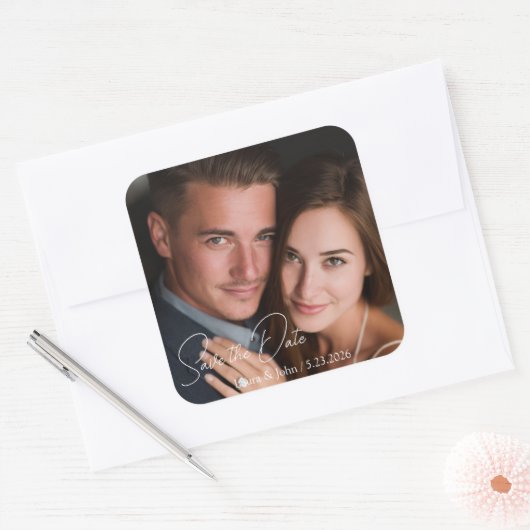 Persoonlijke foto- en tekst sticker voor de bruilo (Envelop)