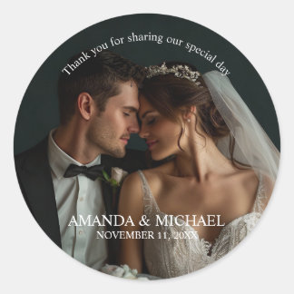 Persoonlijke foto favor met namen en trouwdatum ronde sticker