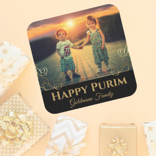 Persoonlijke foto Gold Hebrew Happy Purim van de f Vierkante Sticker