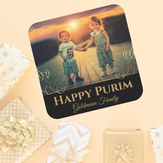 Persoonlijke foto Gold Hebrew Happy Purim van de f Vierkante Sticker