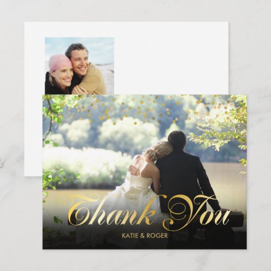 Persoonlijke foto gouden confetti script bedankt briefkaart (Voorkant / Achterkant)