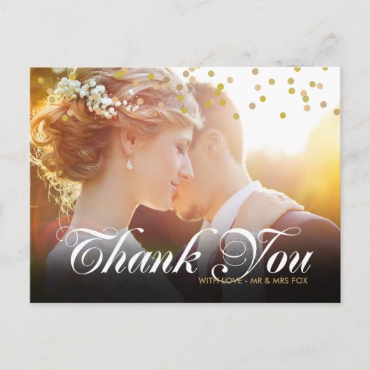 Persoonlijke foto gouden confetti script bedankt briefkaart (Voorkant)