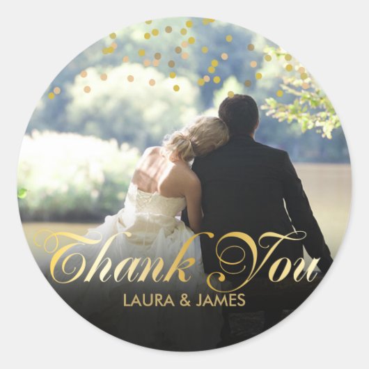 Persoonlijke foto gouden confetti script bedankt ronde sticker (Voorkant)