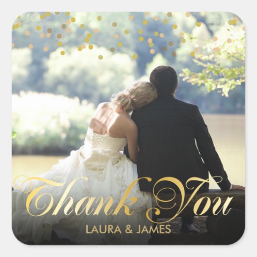 Persoonlijke foto gouden confetti script bedankt vierkante sticker (Voorkant)