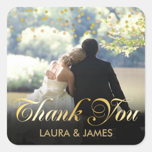 Persoonlijke foto gouden confetti script bedankt vierkante sticker (Voorkant)