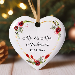 Persoonlijke Foto Hart Bloemen Bruiloft Mr. & Mrs. Keramisch Ornament