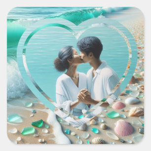 Persoonlijke foto hart strand vierkante sticker