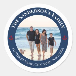 Persoonlijke foto in de marine-cirkel met Red Anch Ronde Sticker
