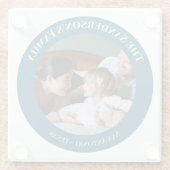 Persoonlijke foto in Turquoise Circle met teksten Glazen Onderzetter (Achterkant)