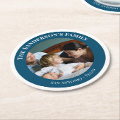 Persoonlijke foto in Turquoise Circle met teksten Ronde Kartonnen Onderzetter (Gebogen)