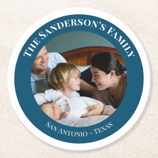 Persoonlijke foto in Turquoise Circle met teksten Ronde Kartonnen Onderzetter (Voorkant)