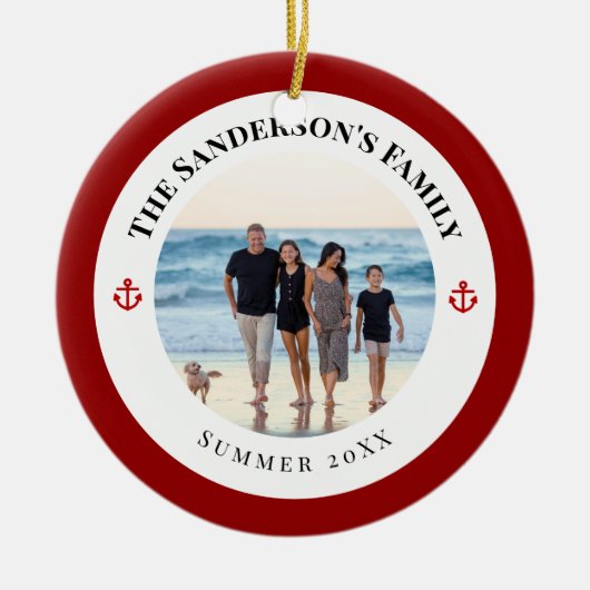 Persoonlijke foto in zwarte cirkel met rode anker keramisch ornament (Voorkant)